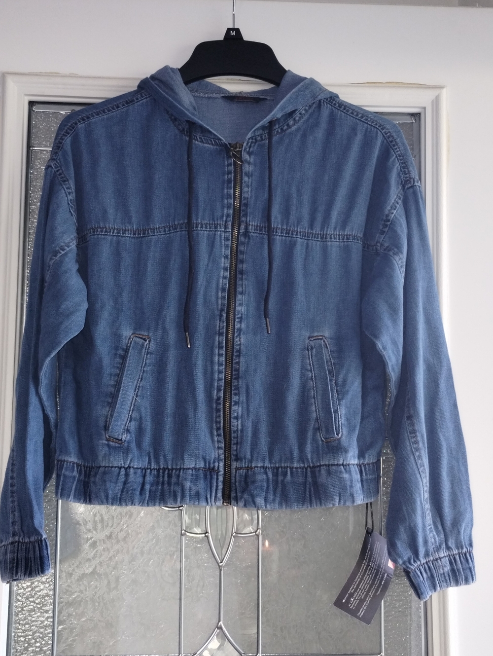 Excuse Brand Women's Hooded Denim Bomber Jacket in Blue